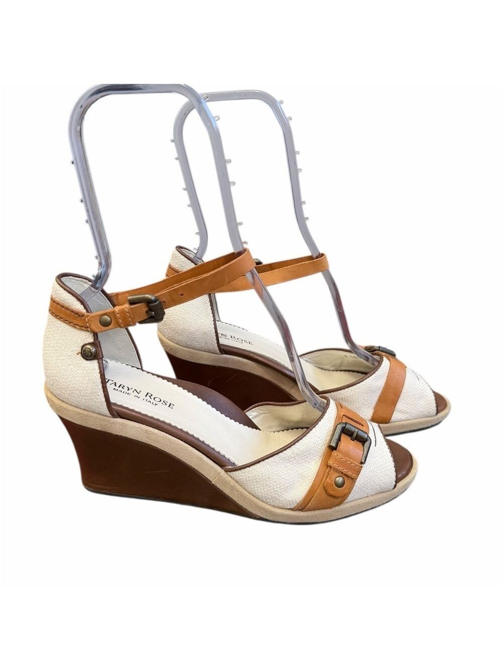 Taryn Rose Tan Leather/Cream Textured Fabric Wedge Sandals 8.5 Made in Italy